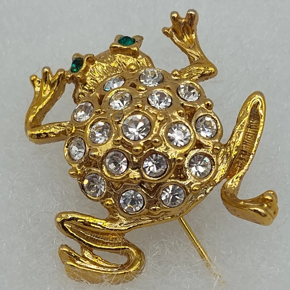 ROMAN Vintage Gold Tone Frog Brooch Rhinestone Crystal Figural Pin